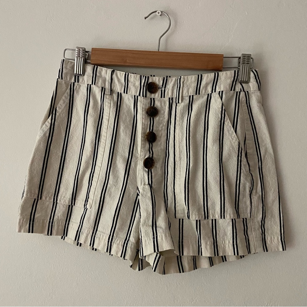Cream and Black Striped Button-Up Women's Shorts